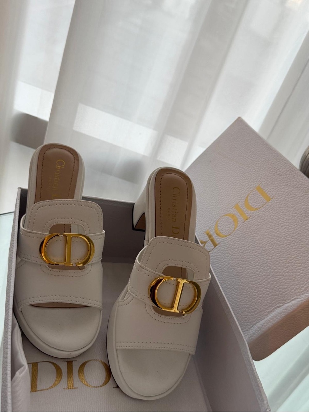 Dior white Leather Slide platform with Gold CD Accent